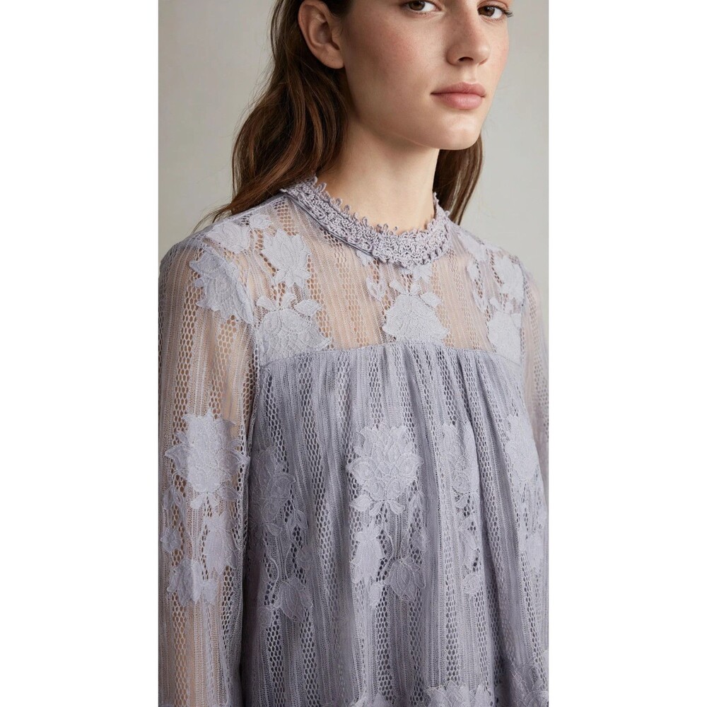 Ultra Pink Womens M Gray Lace Floral Embroidered Sheer Keyhole Blouse Boho